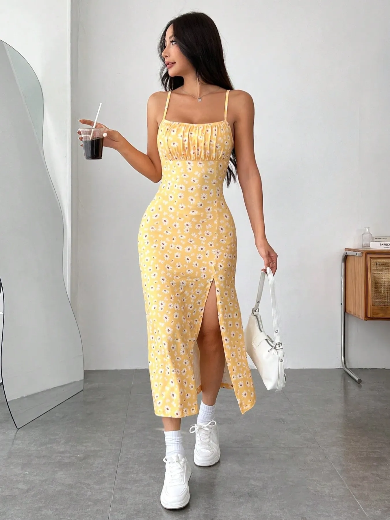 Daisy Print Cami Midi Dress with Slit - Image 4
