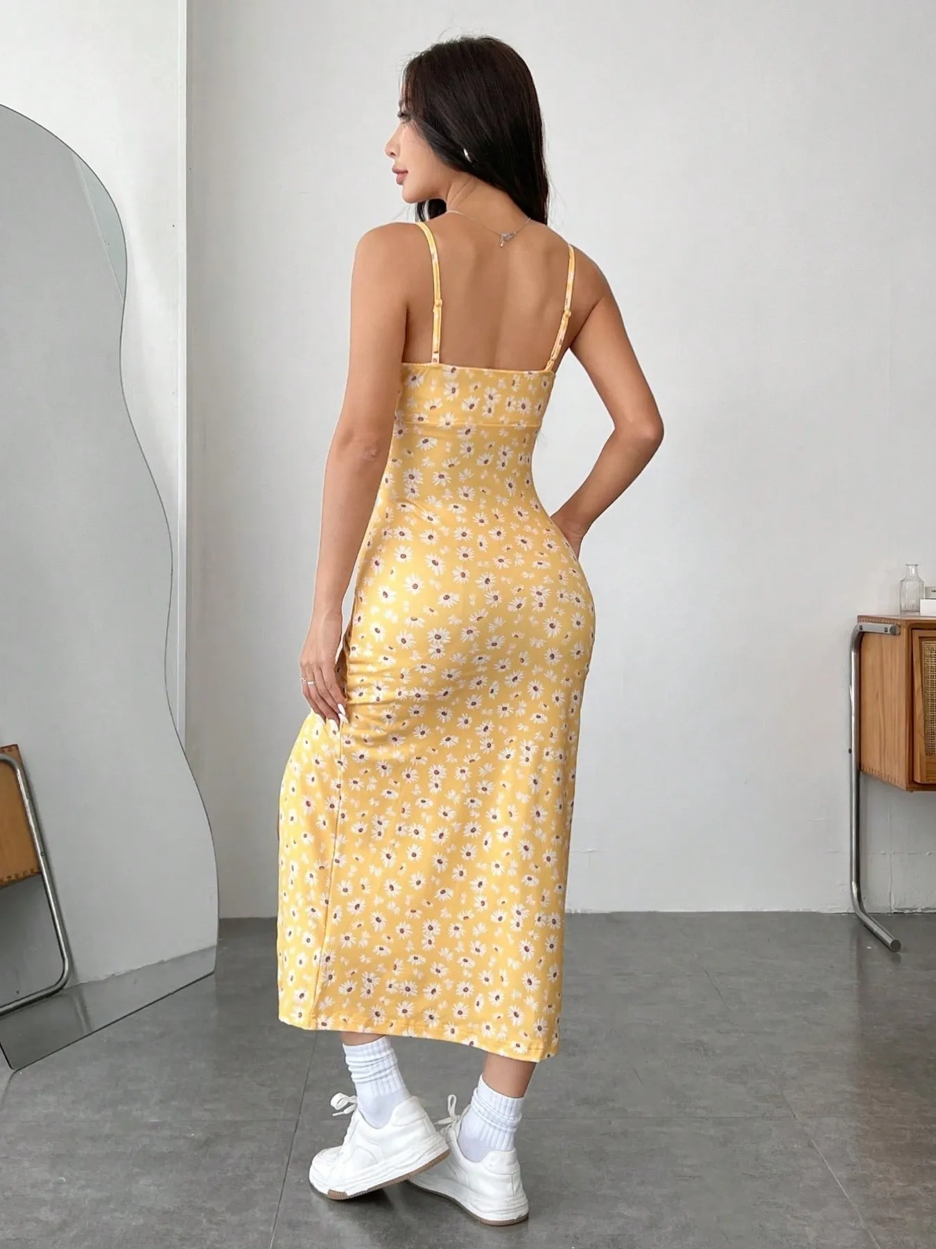 Daisy Print Cami Midi Dress with Slit - Image 5