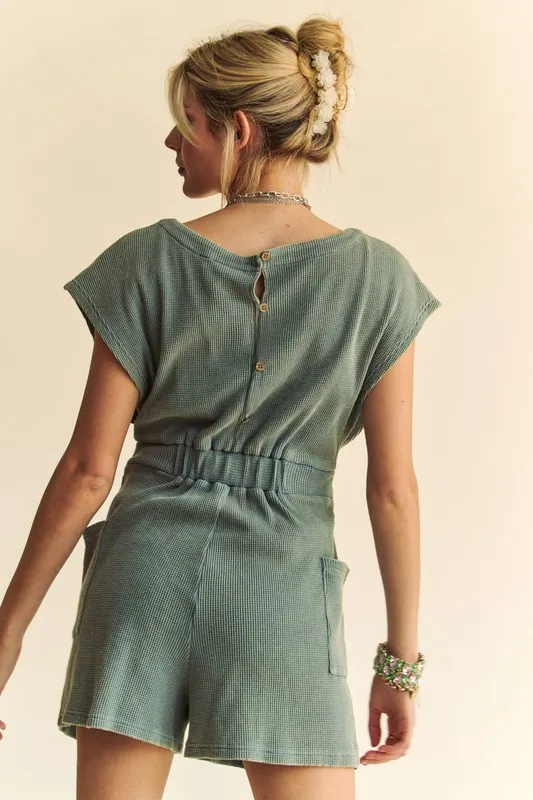 Davi & Dani Acid-Washed Waffle Knit Cuffed Sleeves Romper - Image 2