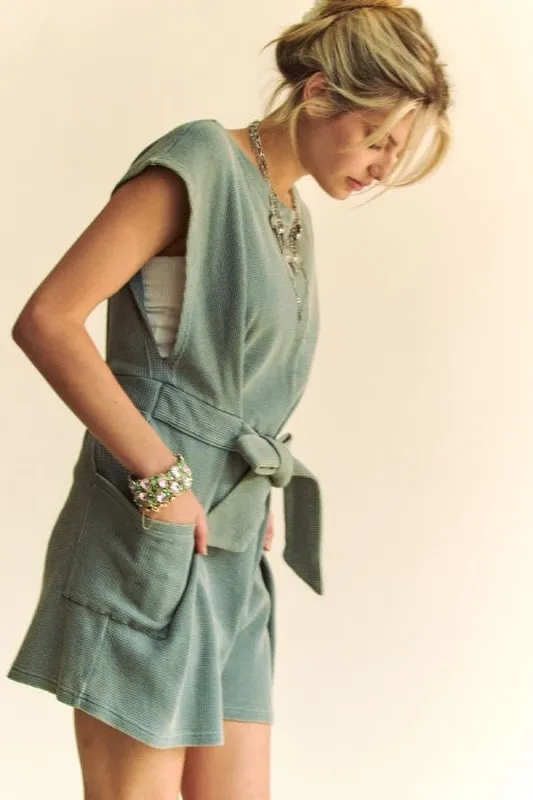 Davi & Dani Acid-Washed Waffle Knit Cuffed Sleeves Romper - Image 3