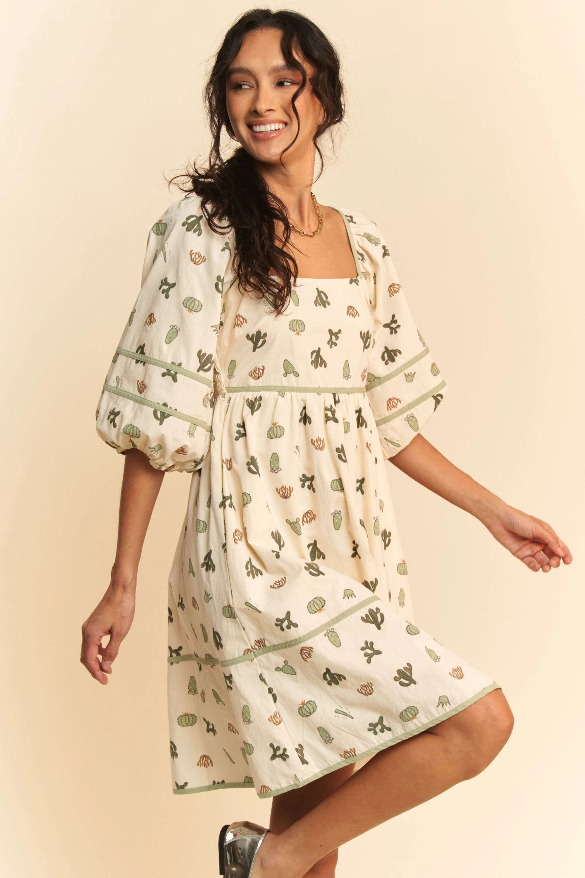 Davi & Dani Cactus Printed Poplin Contrast Piping Mini Dress - Image 5