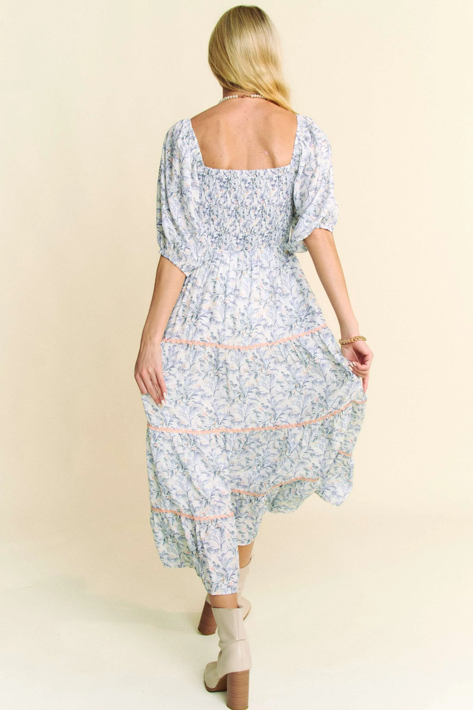 Davi & Dani Contrast Ric Smocking Bodice Tiered Midi Dress - Image 5