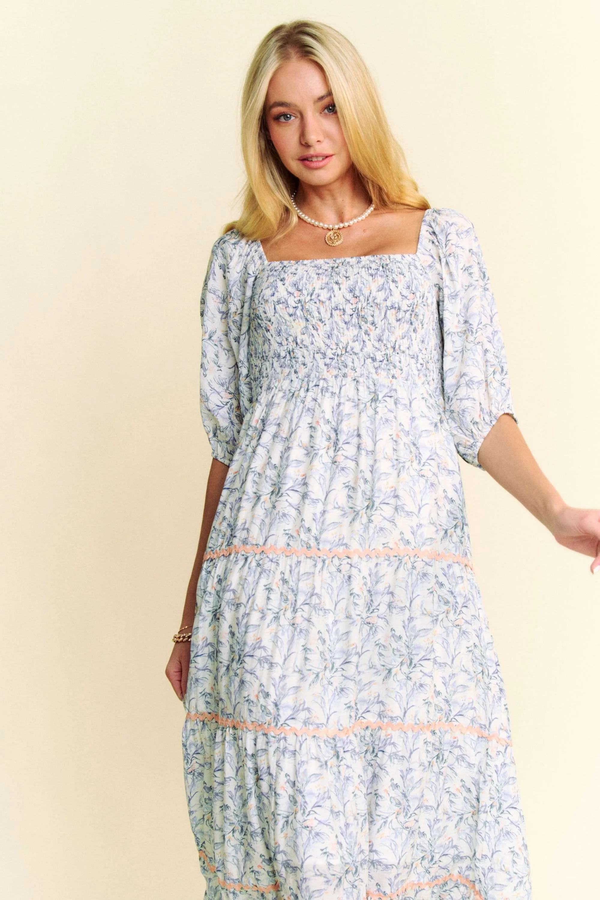 Davi & Dani Contrast Ric Smocking Bodice Tiered Midi Dress - Image 7