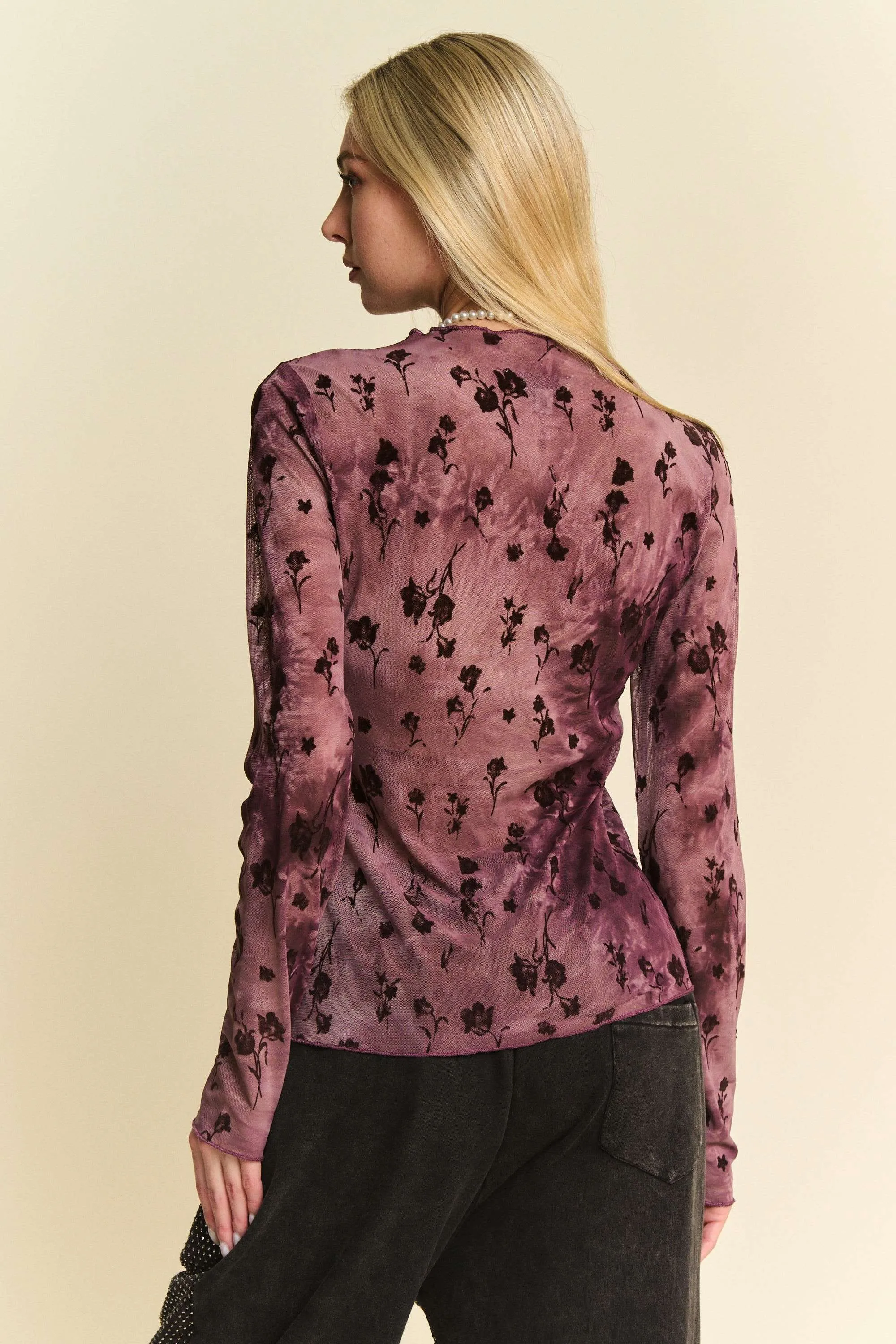 Davi & Dani Floral Mesh Long Sleeve Sheer Layering Top - Image 4