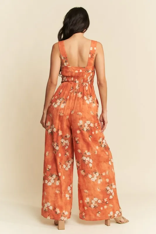 Davi & Dani Floral Ruffle Square Neck Smocking Bodice Jumpsuit - Image 3