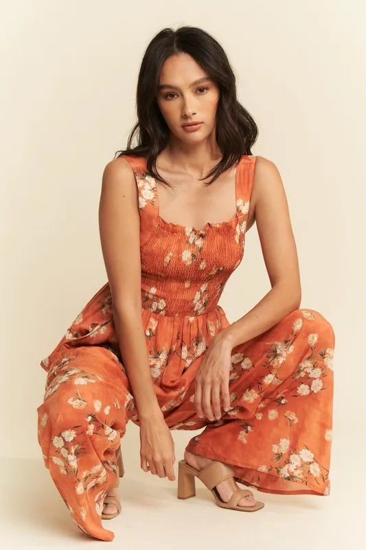 Davi & Dani Floral Ruffle Square Neck Smocking Bodice Jumpsuit - Image 4
