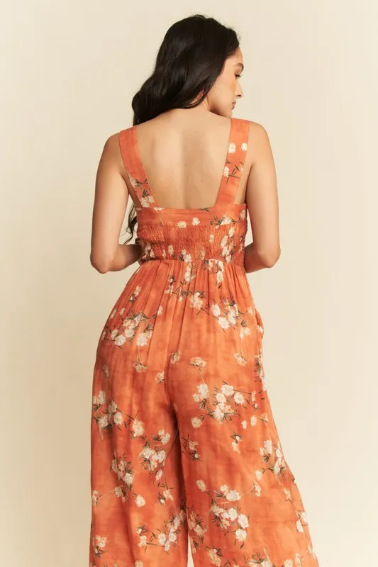 Davi & Dani Floral Ruffle Square Neck Smocking Bodice Jumpsuit - Image 7