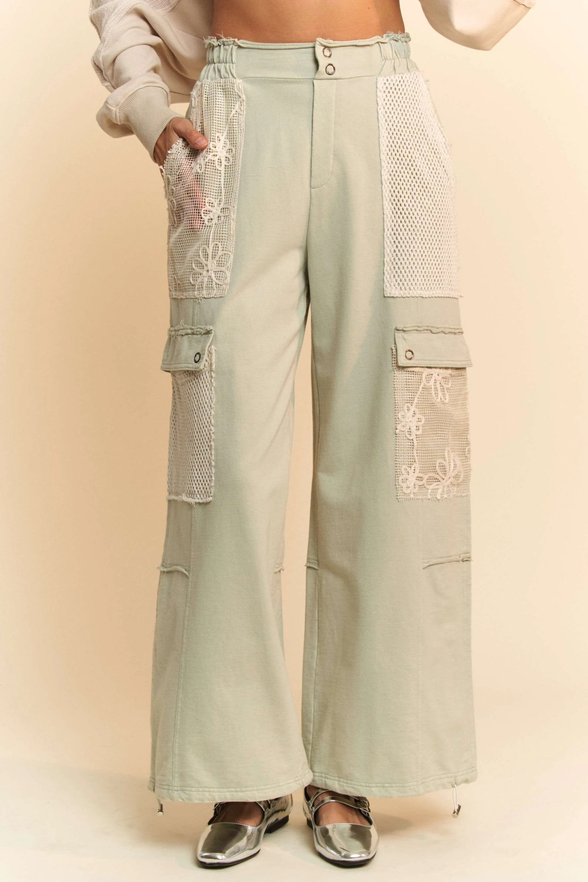 Davi & Dani Lace Patchwork Bottom Opening Adjustable Pants