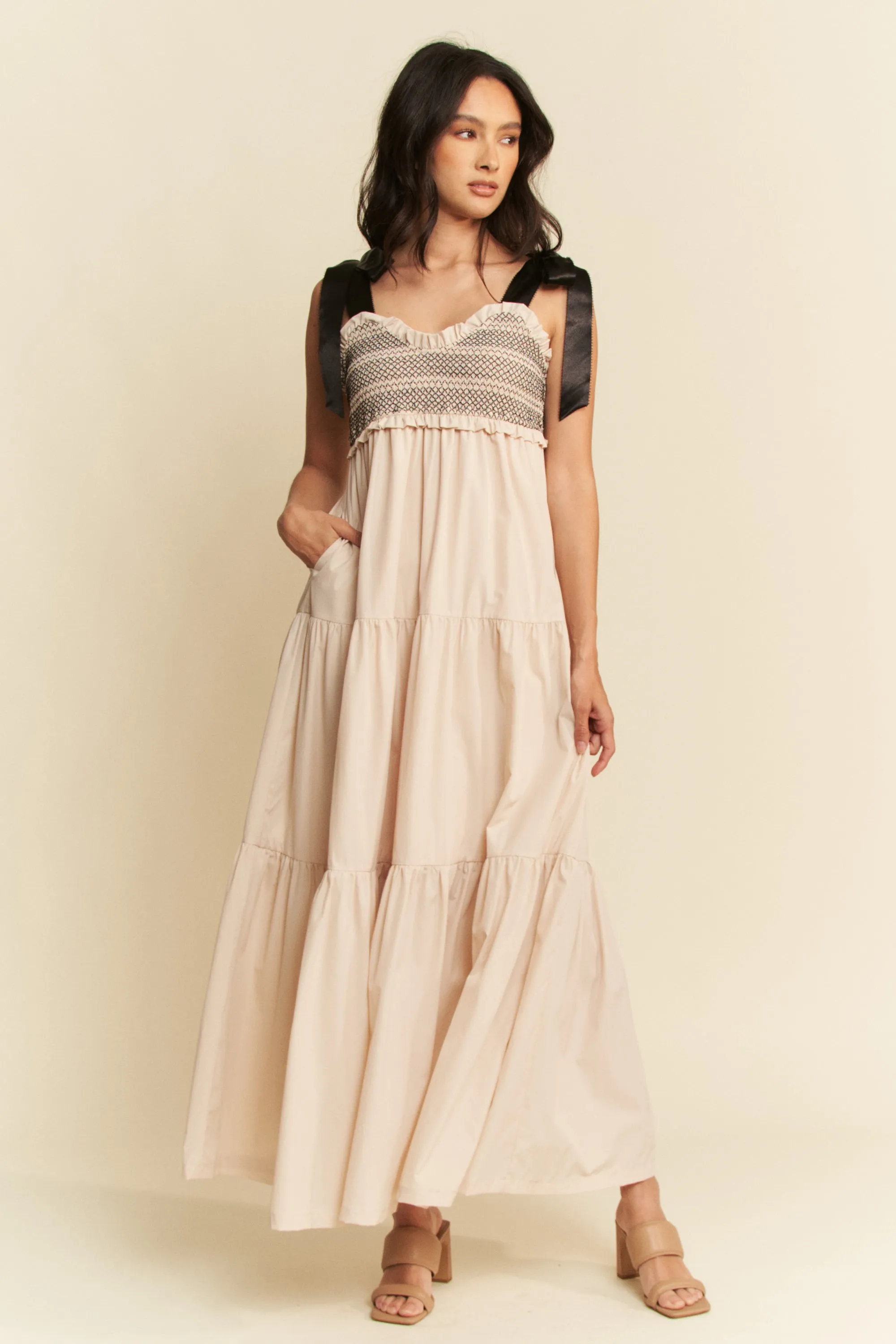 Davi & Dani Multi Contrast Smocked Bodice Straps Maxi Dress - Image 2