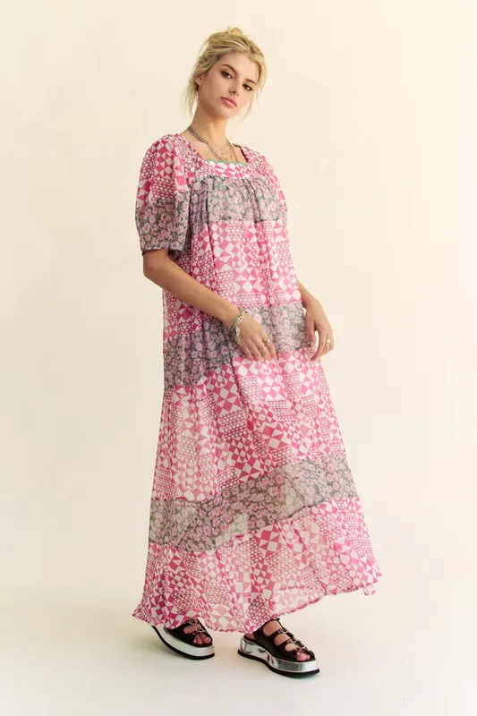 Davi & Dani Multi Floral Square Neck Puff Sleeve Maxi Dress - Image 3