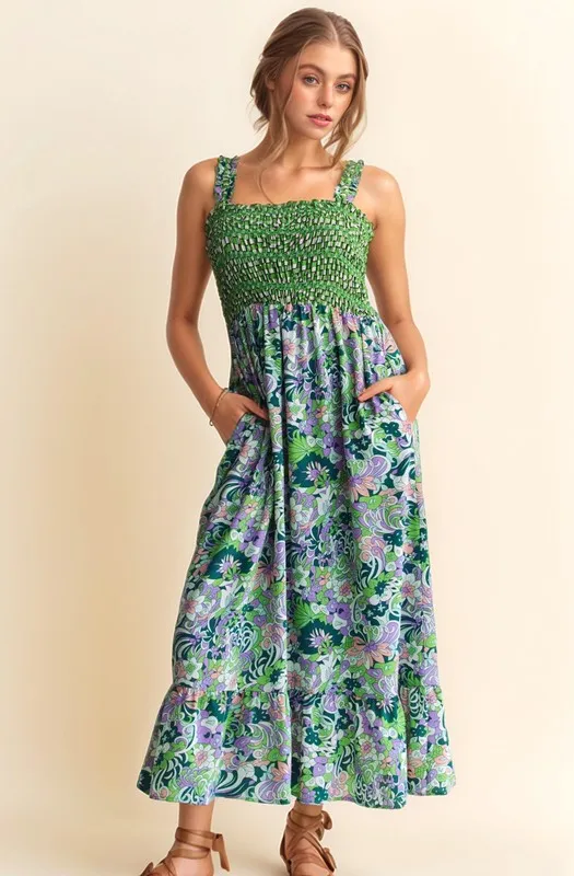 Davi & Dani Multi Smocked Bodice Geo Ruffle Strappy Midi Dress