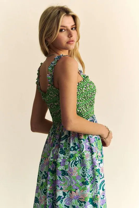 Davi & Dani Multi Smocked Bodice Geo Ruffle Strappy Midi Dress - Image 10