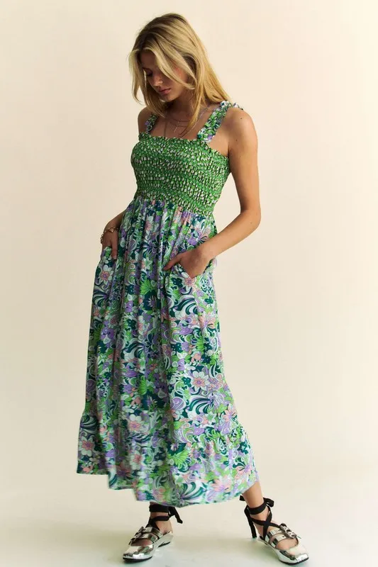 Davi & Dani Multi Smocked Bodice Geo Ruffle Strappy Midi Dress - Image 2