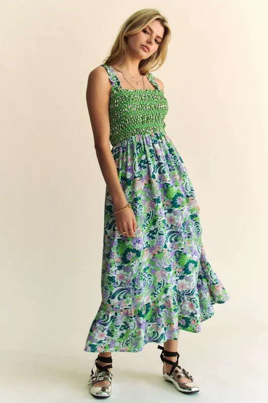 Davi & Dani Multi Smocked Bodice Geo Ruffle Strappy Midi Dress - Image 3