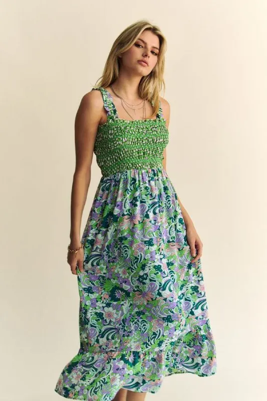 Davi & Dani Multi Smocked Bodice Geo Ruffle Strappy Midi Dress - Image 7