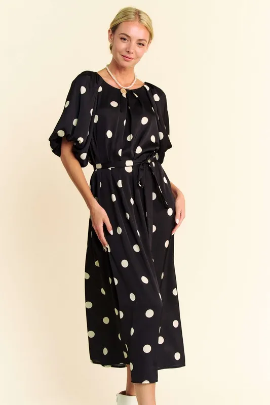 Davi & Dani Polka Dot Puff Sleeves Waist Tie Midi Dress - Image 3