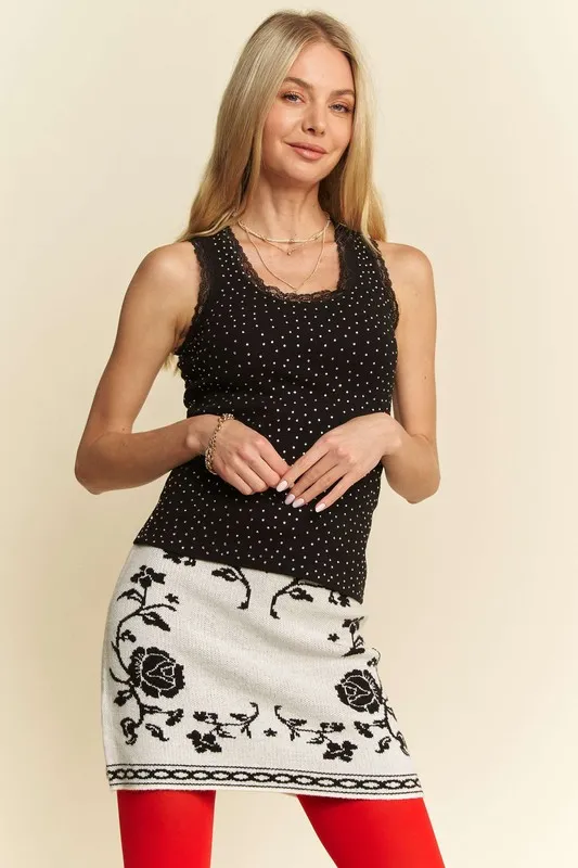 Davi & Dani Rhinestone Lace Trim Detail Tank