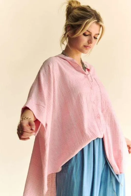 Davi & Dani Rhinestone Pleat Back Short Sleeve Loose Fit Shirt - Image 2