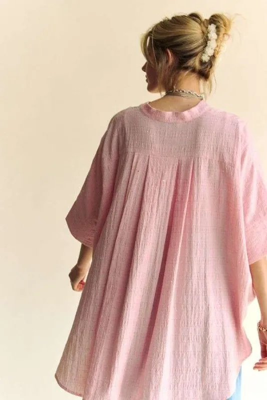 Davi & Dani Rhinestone Pleat Back Short Sleeve Loose Fit Shirt - Image 3