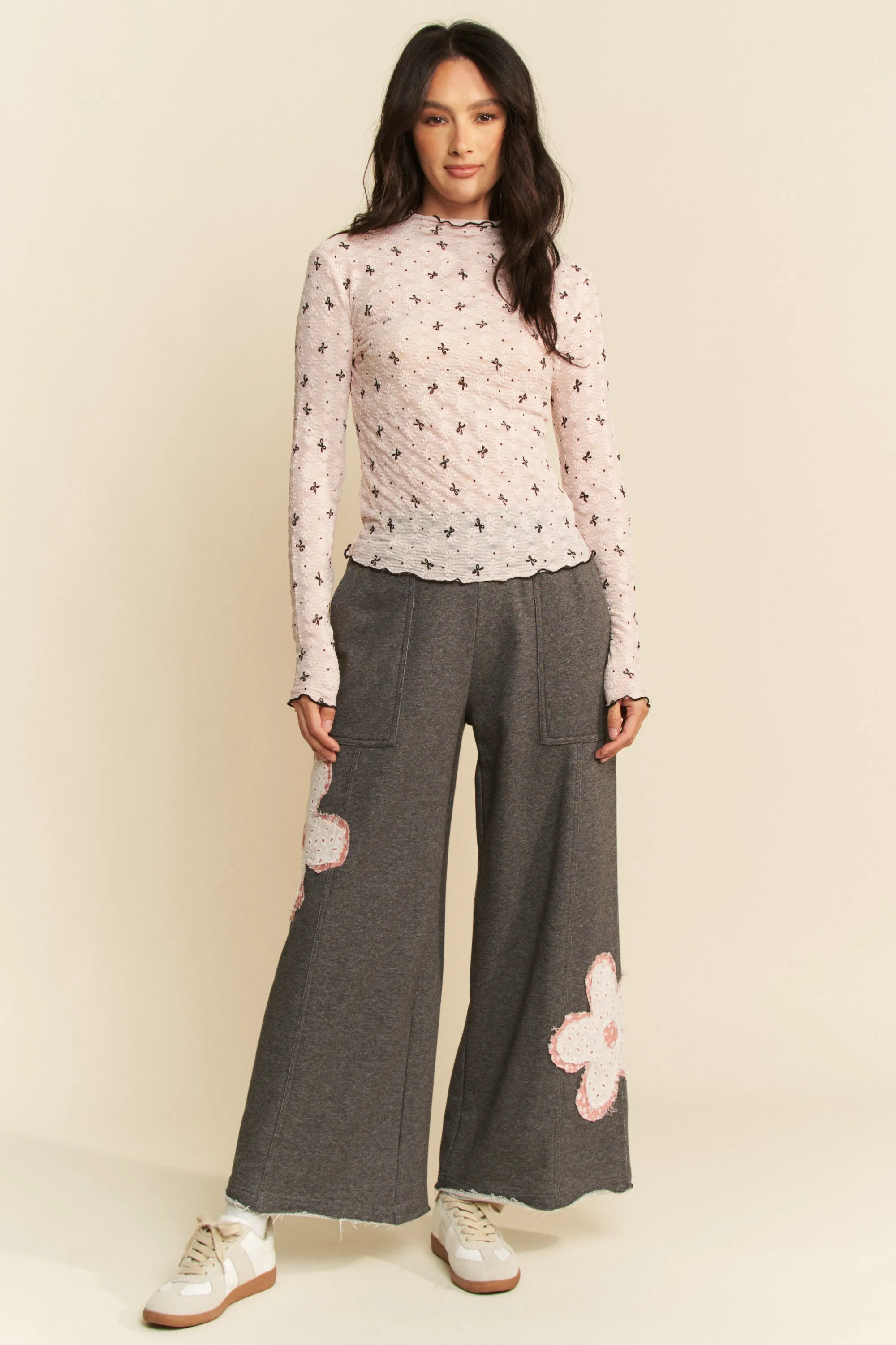 Davi & Dani Ribbon Bow Lace Hem Long Sleeve Mesh Layering Top - Image 7