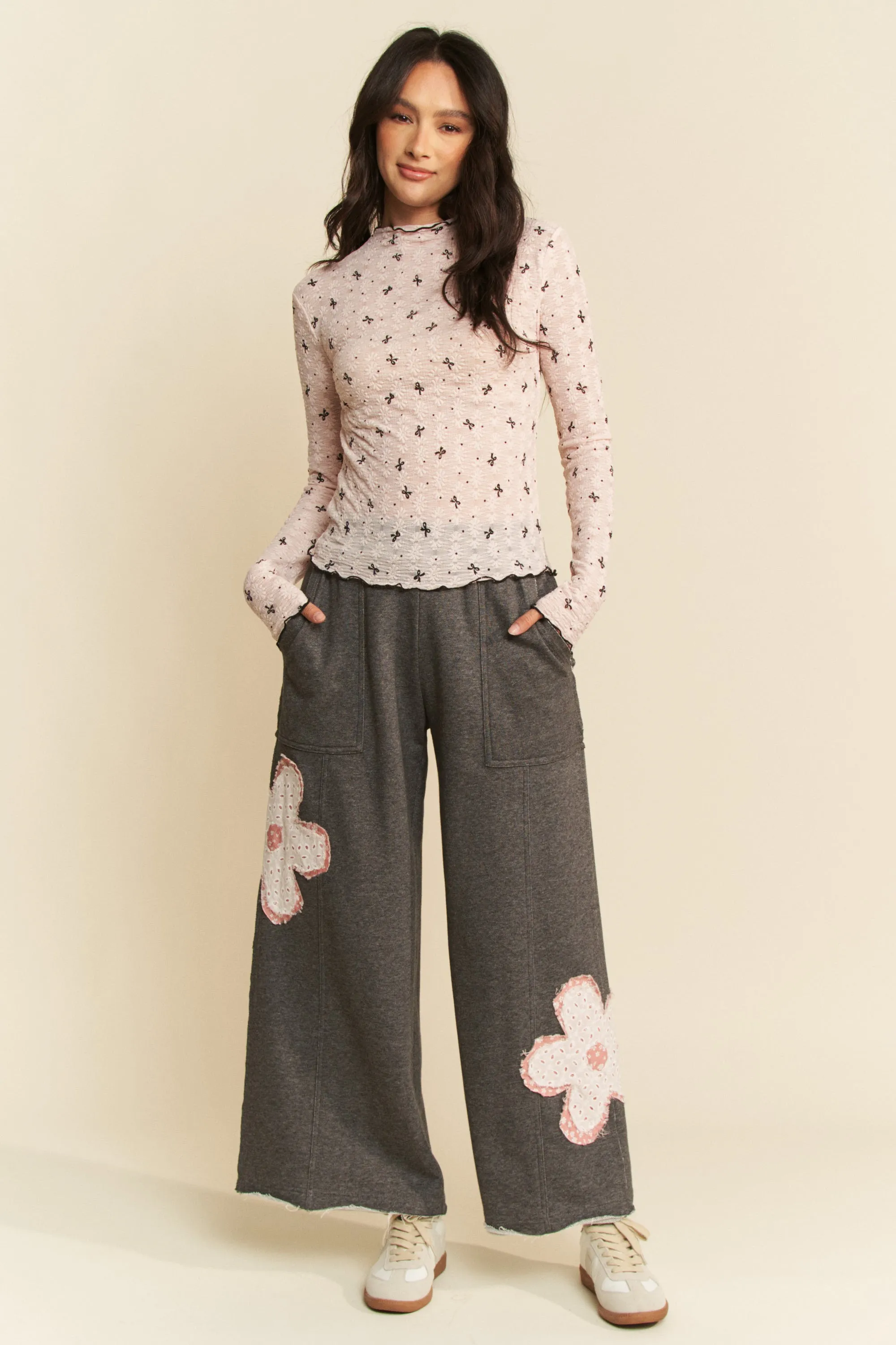 Davi & Dani Ribbon Bow Lace Hem Long Sleeve Mesh Layering Top - Image 8