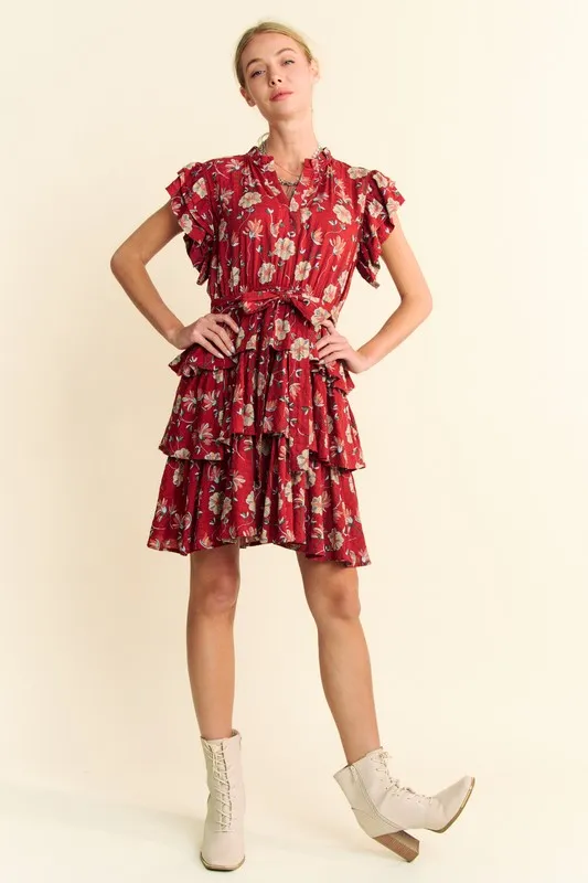 Davi & Dani Ruffle Flutter Sleeve Tie Belt Tiered Mini Dress - Image 7