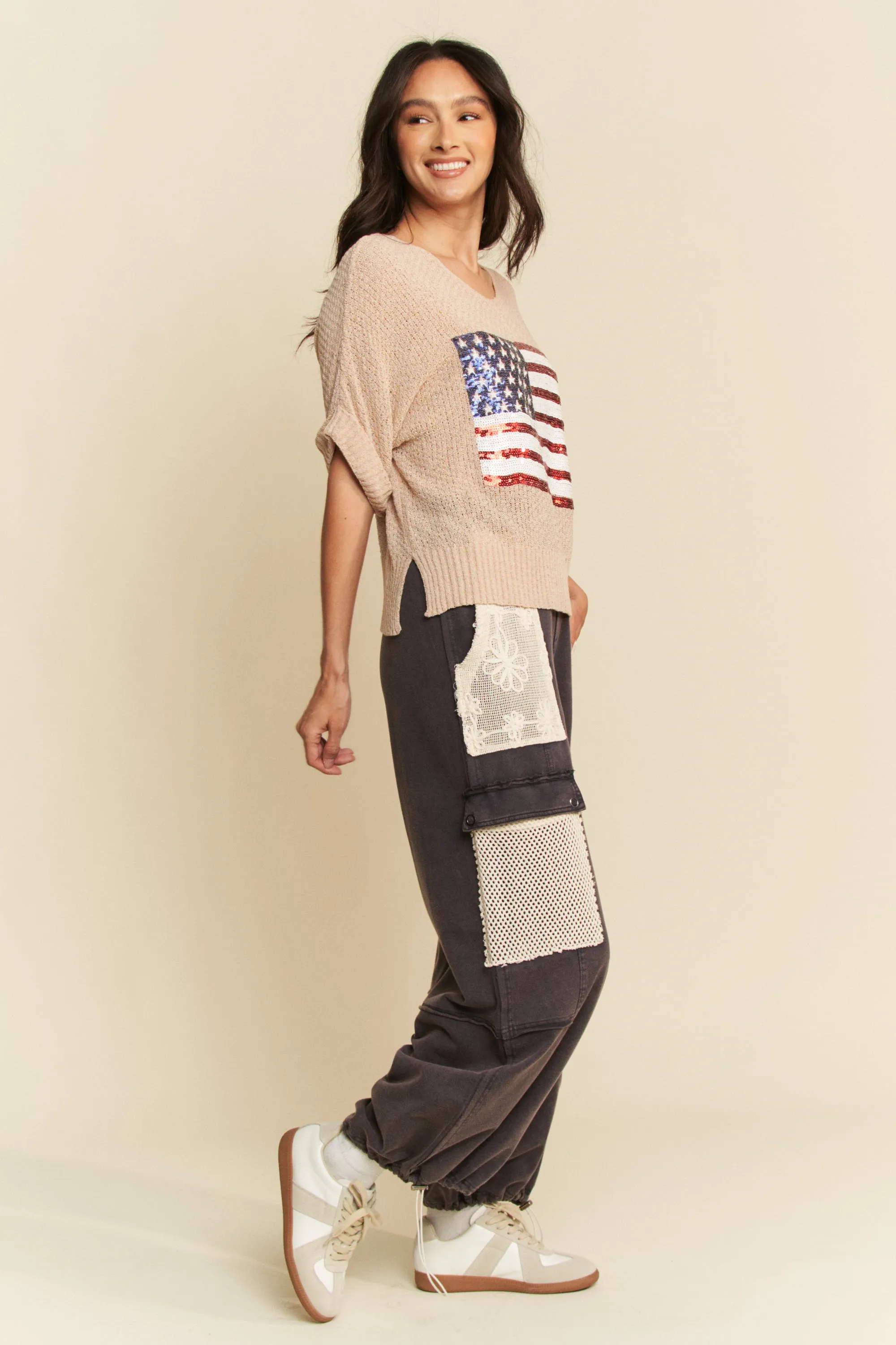 Davi & Dani Sequin American Flag Patch Short Sleeve Knit Top - Image 9