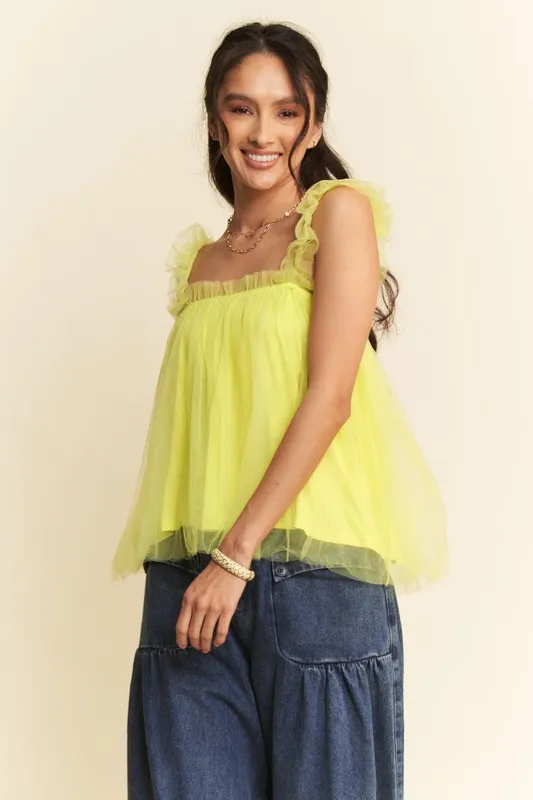 Davi & Dani Shirred Ruffle Strap Tulle Babydoll Top - Image 2