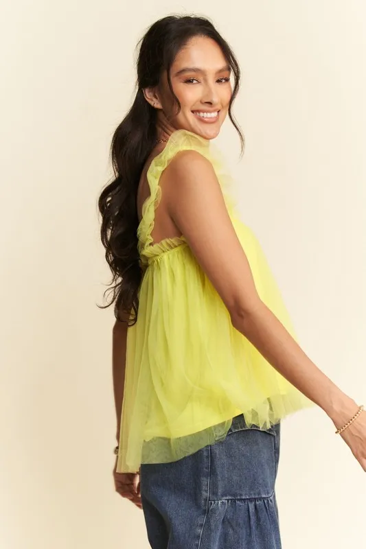 Davi & Dani Shirred Ruffle Strap Tulle Babydoll Top - Image 3