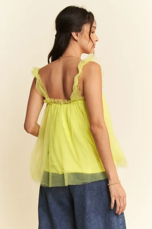 Davi & Dani Shirred Ruffle Strap Tulle Babydoll Top - Image 4