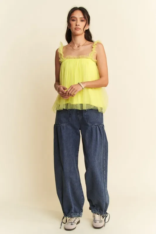 Davi & Dani Shirred Ruffle Strap Tulle Babydoll Top - Image 5