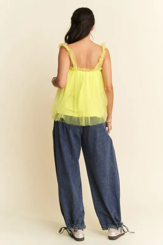 Davi & Dani Shirred Ruffle Strap Tulle Babydoll Top - Image 7
