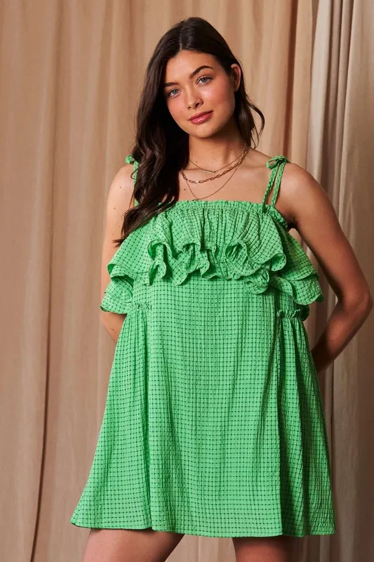 Davi & Dani Textured Jacquard Checker Fabric Ruffled Dress - Image 5