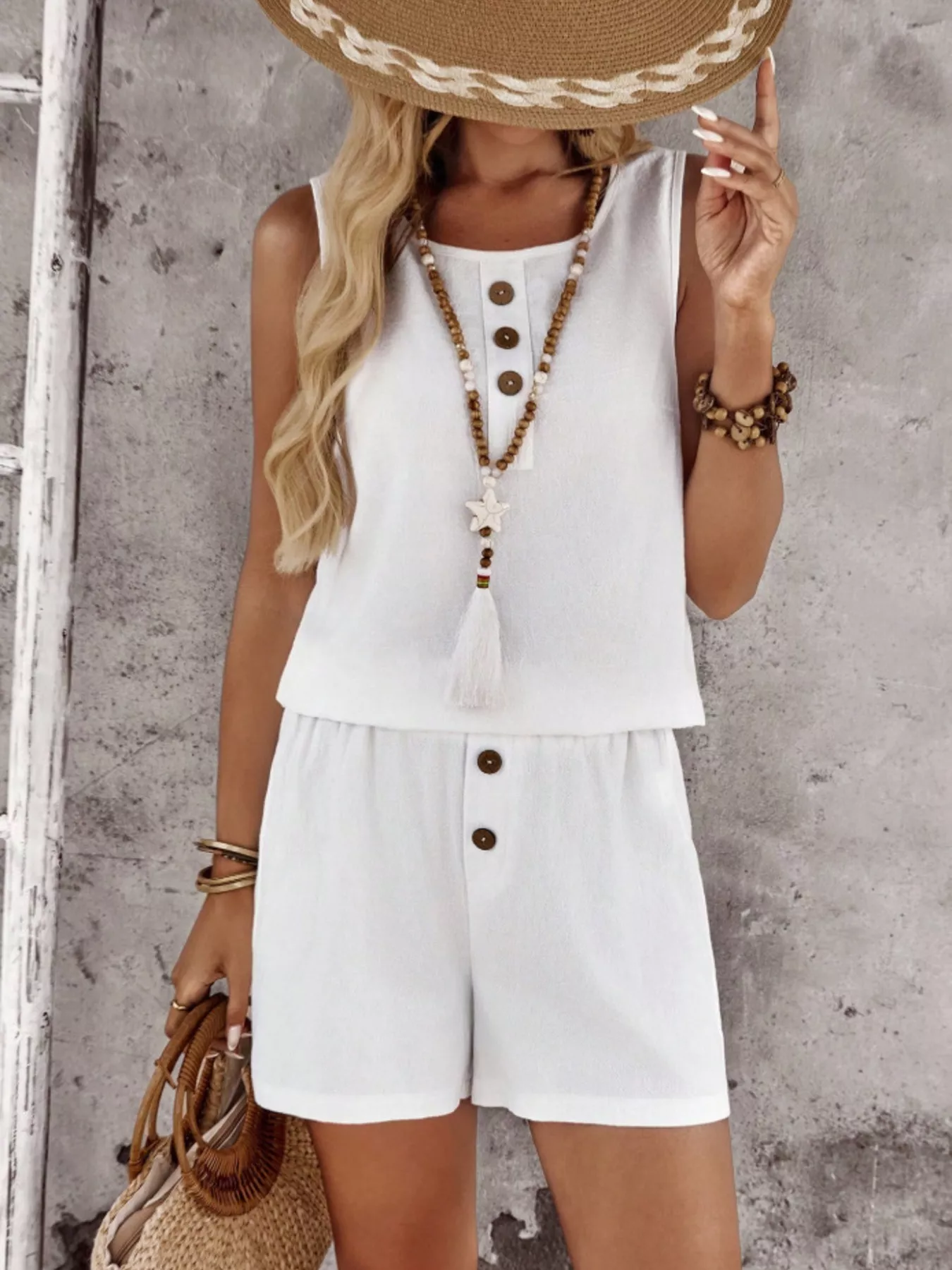 Decor Button Round Neck Tank and Shorts Set - Image 11