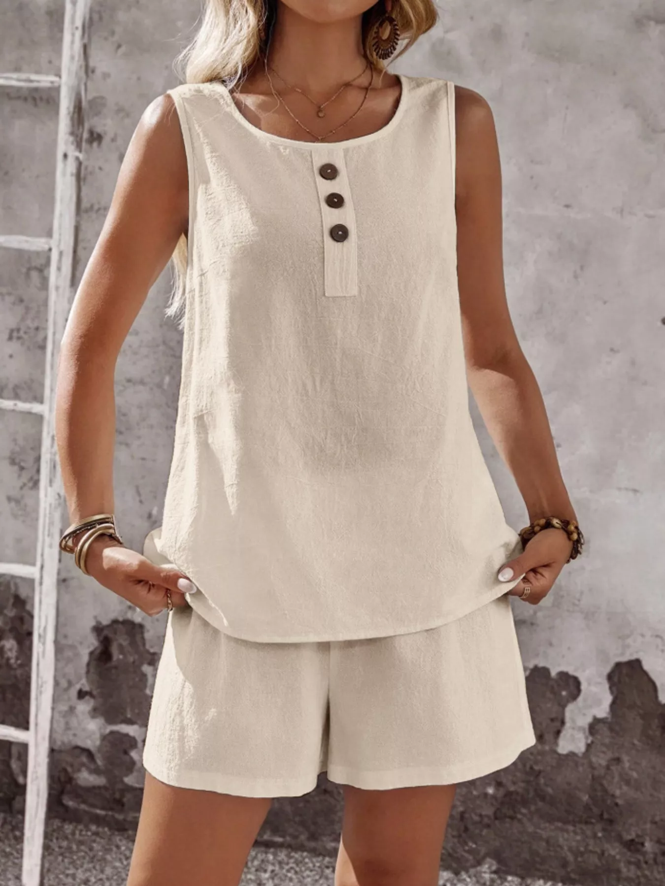 Decor Button Round Neck Tank and Shorts Set - Image 3