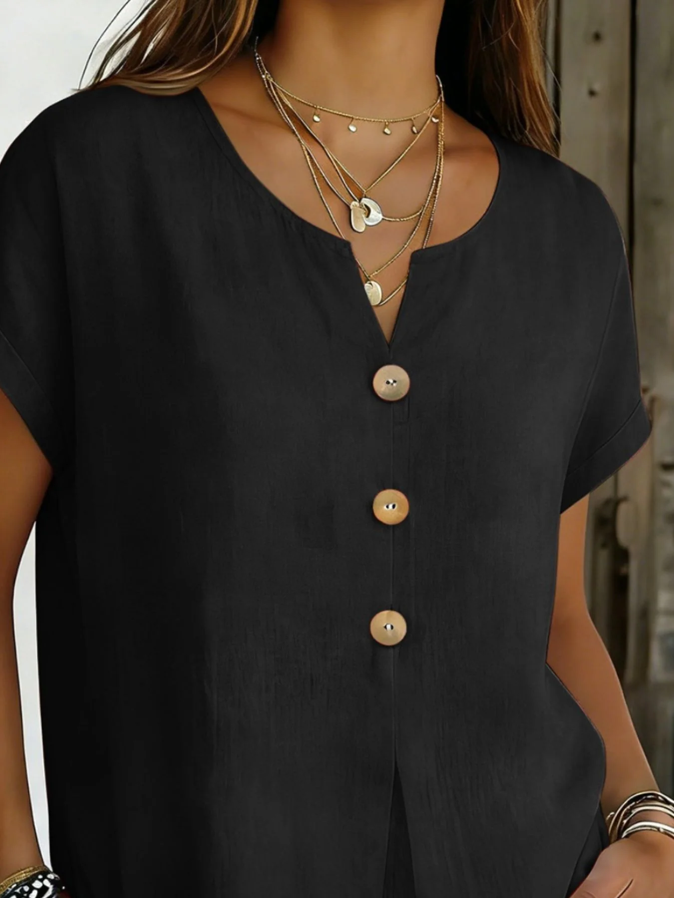 Decor Button Short Sleeve Blouse - Image 8