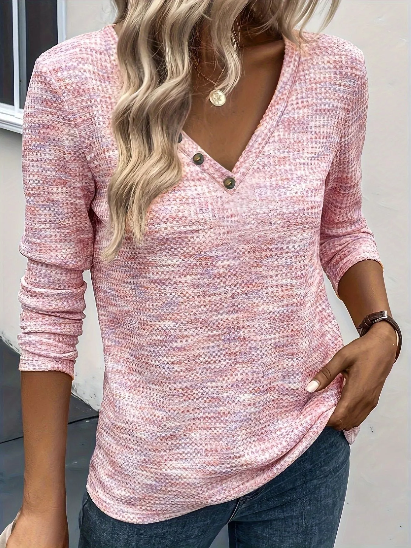 Decor Button V-Neck Long Sleeve Top - Image 6