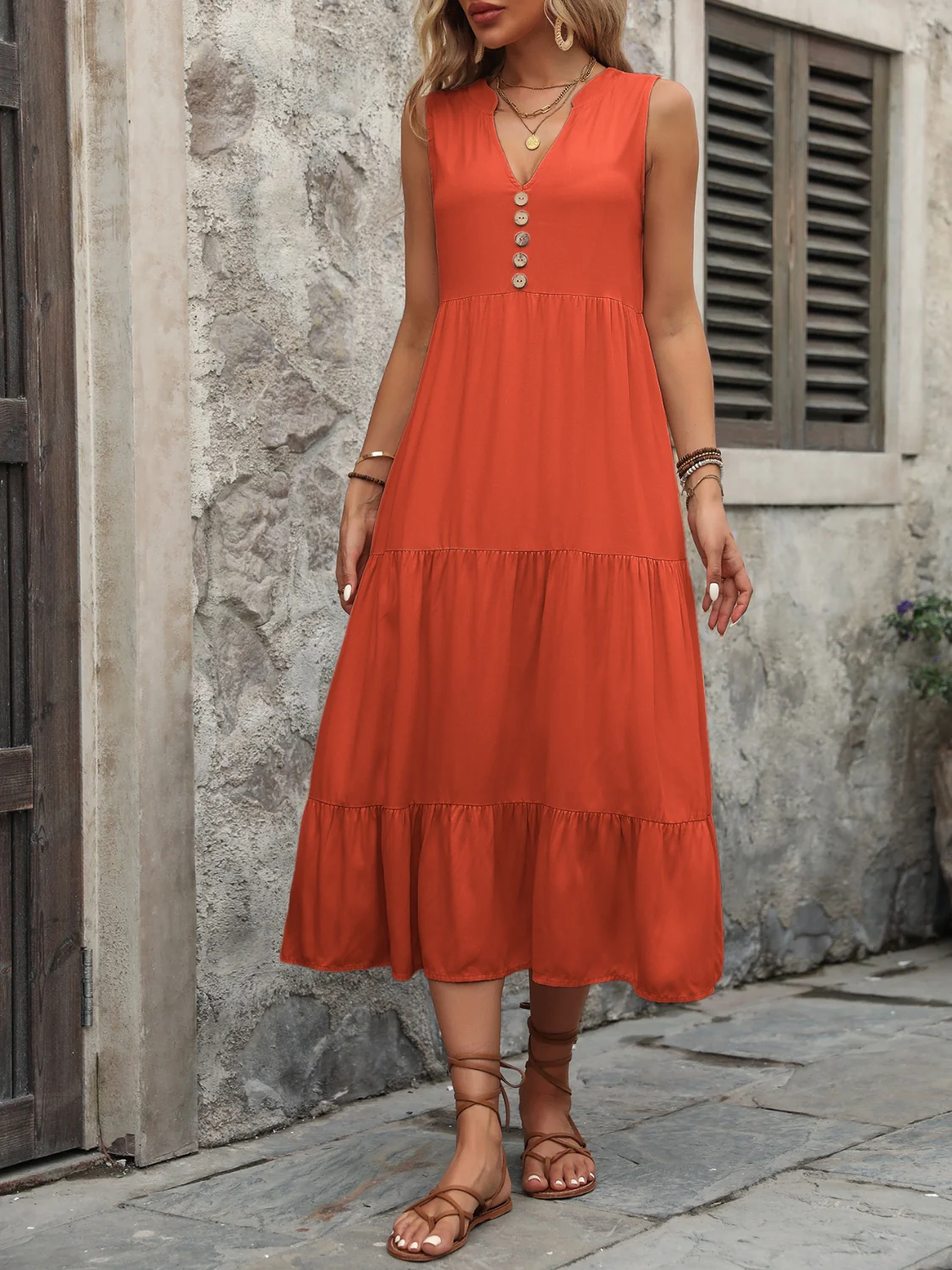 Decorative Button Notched Sleeveless Dress - Image 5
