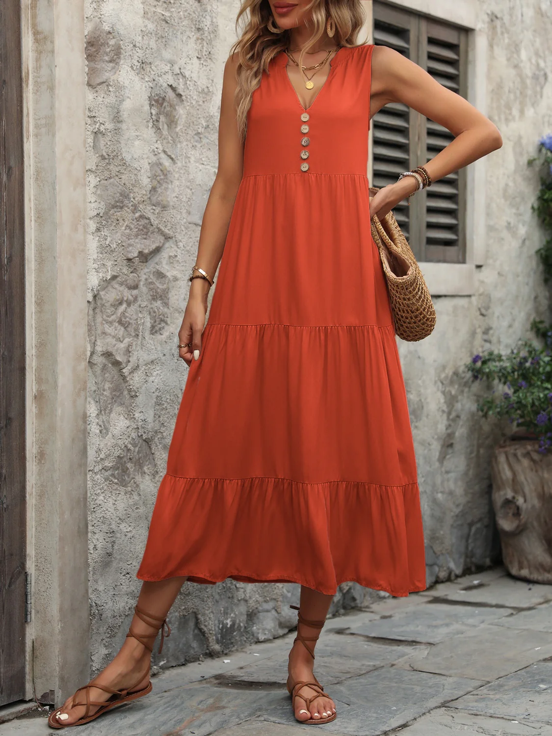 Decorative Button Notched Sleeveless Dress - Image 7