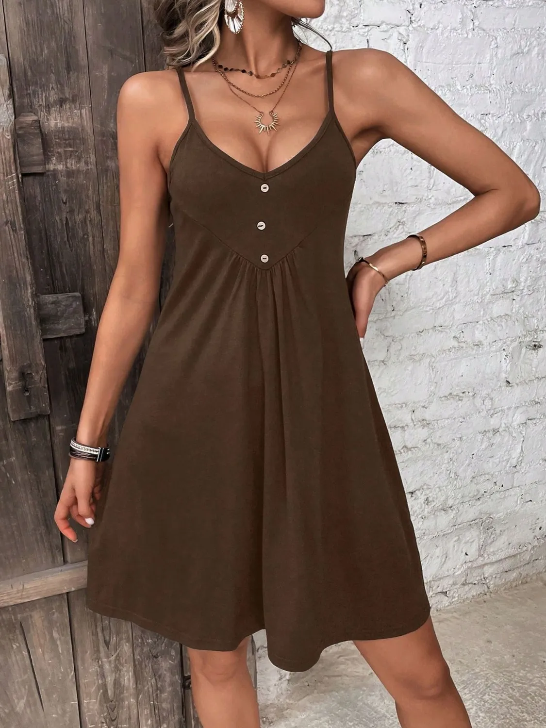 Decorative Button Scoop Neck Mini Cami Dress - Image 15