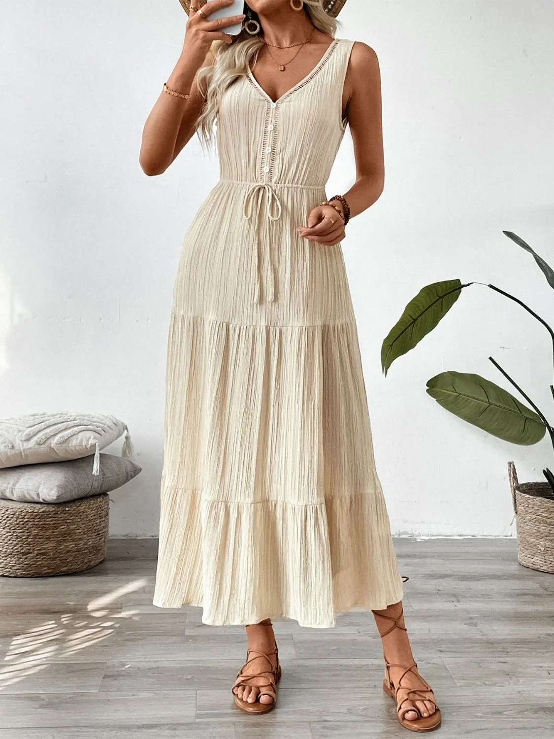 Decorative Button V-Neck Sleeveless Midi Tank Dress - Image 2