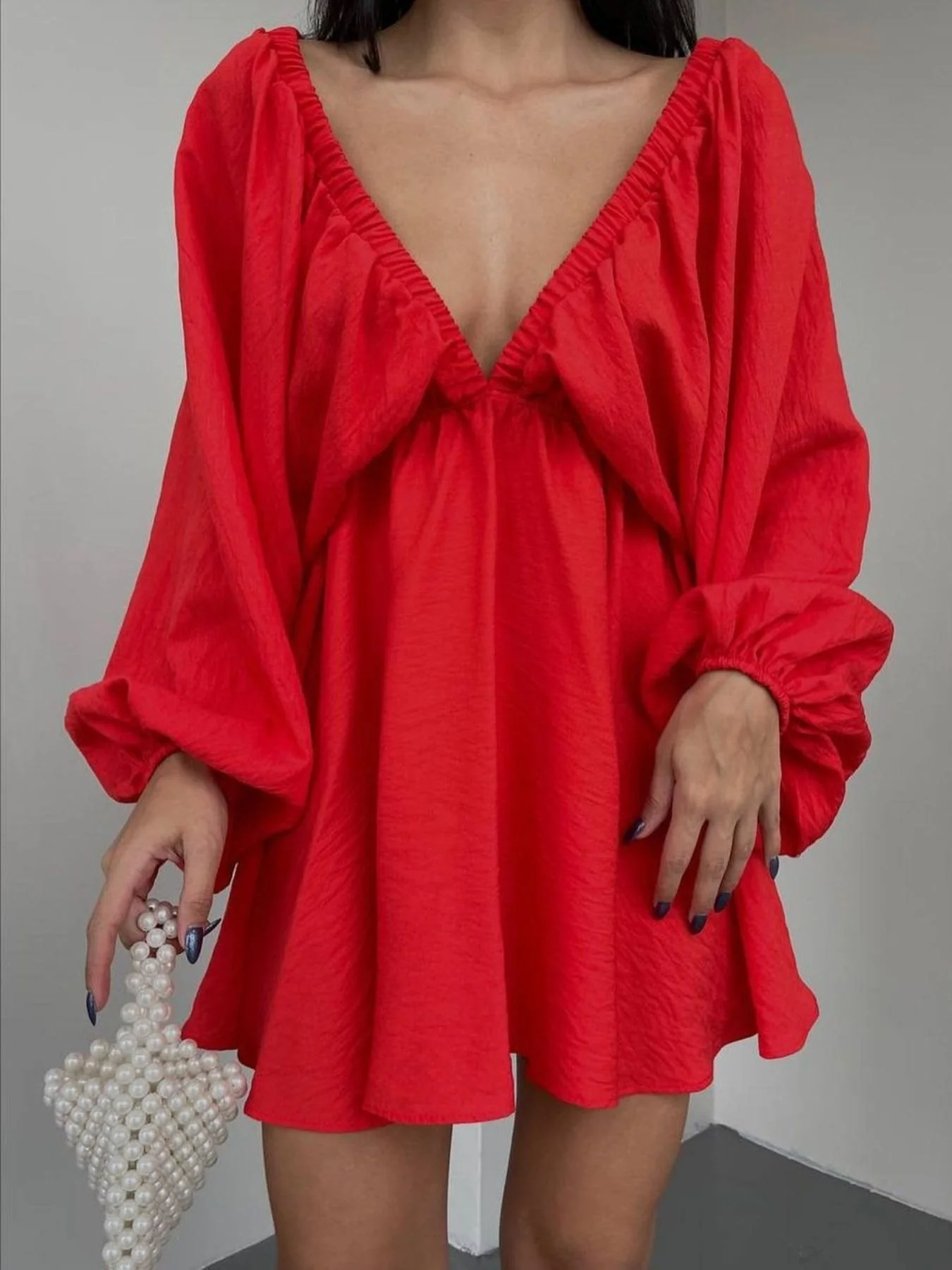 Deep V-Neck Balloon Sleeve Dress - Image 15