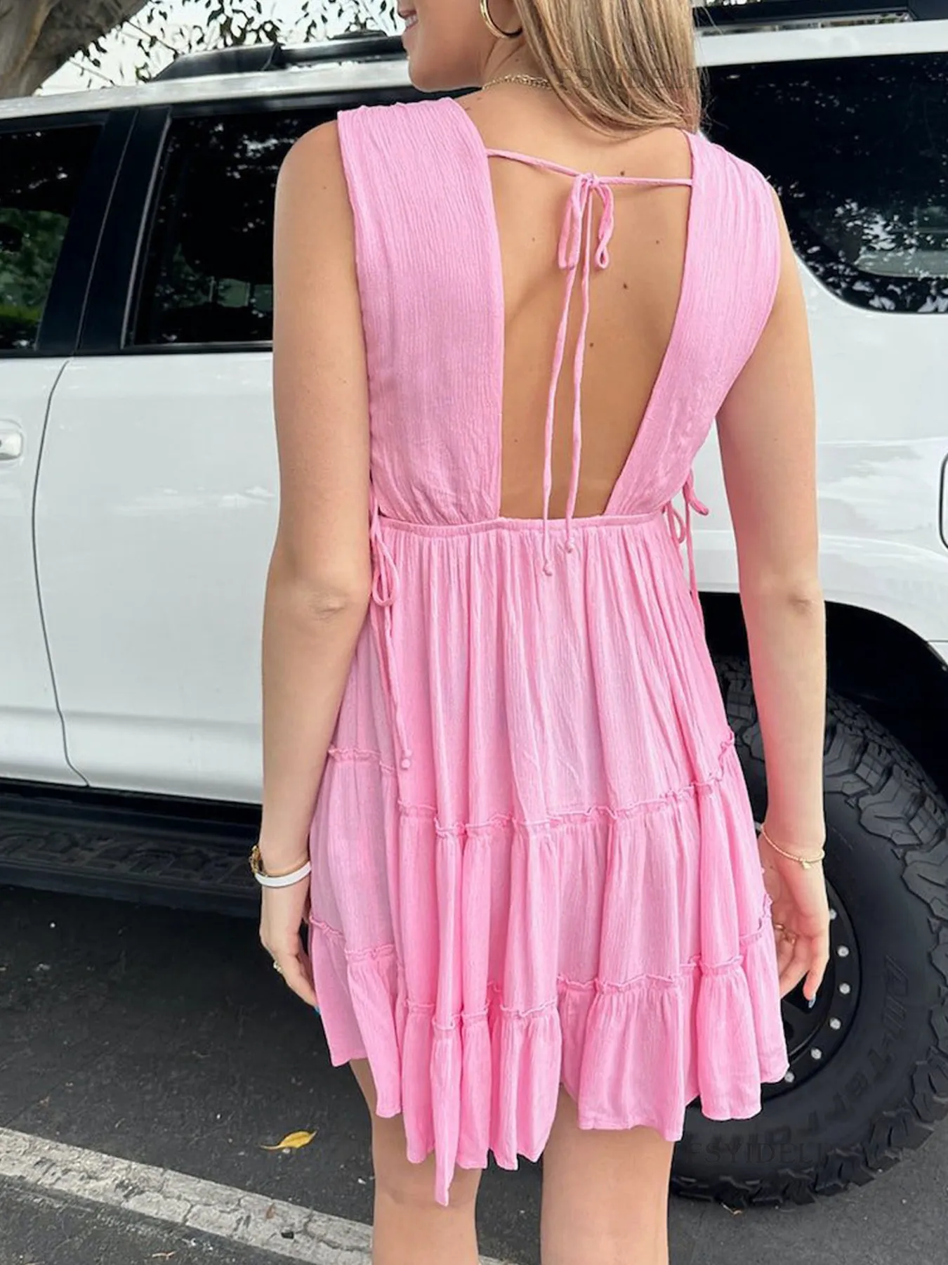 Deep V-Neck Tiered Mini Dress - Image 3