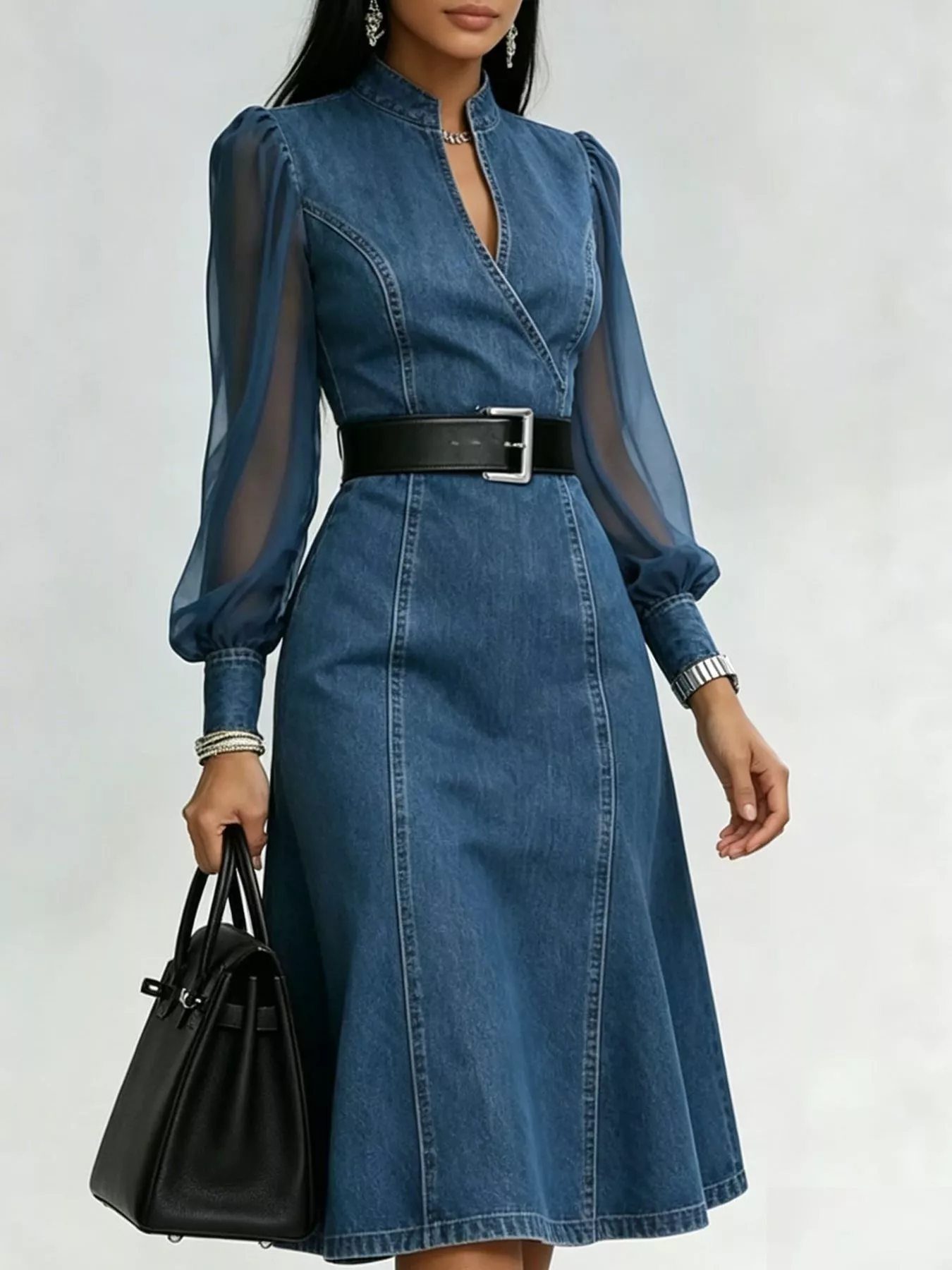 Denim Midi Dress with Sheer Sleeves - Image 2