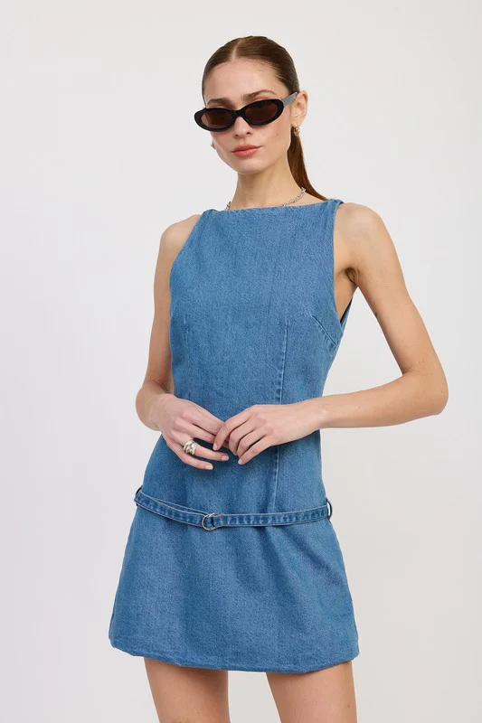 DENIM MINI DRESS WITH LOW WAIST BELT