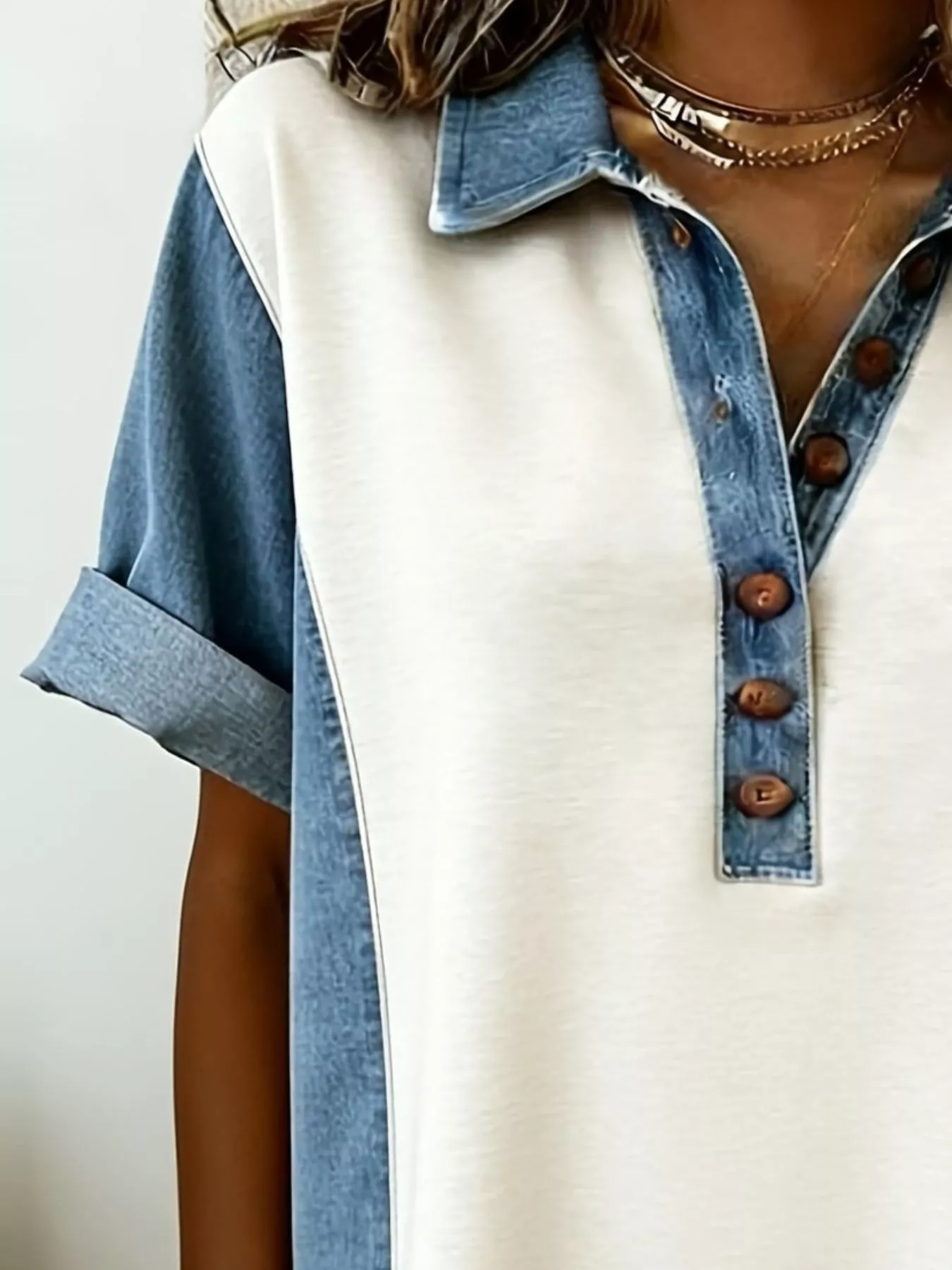 Denim Patchwork Button Front Mini Dress - Image 2