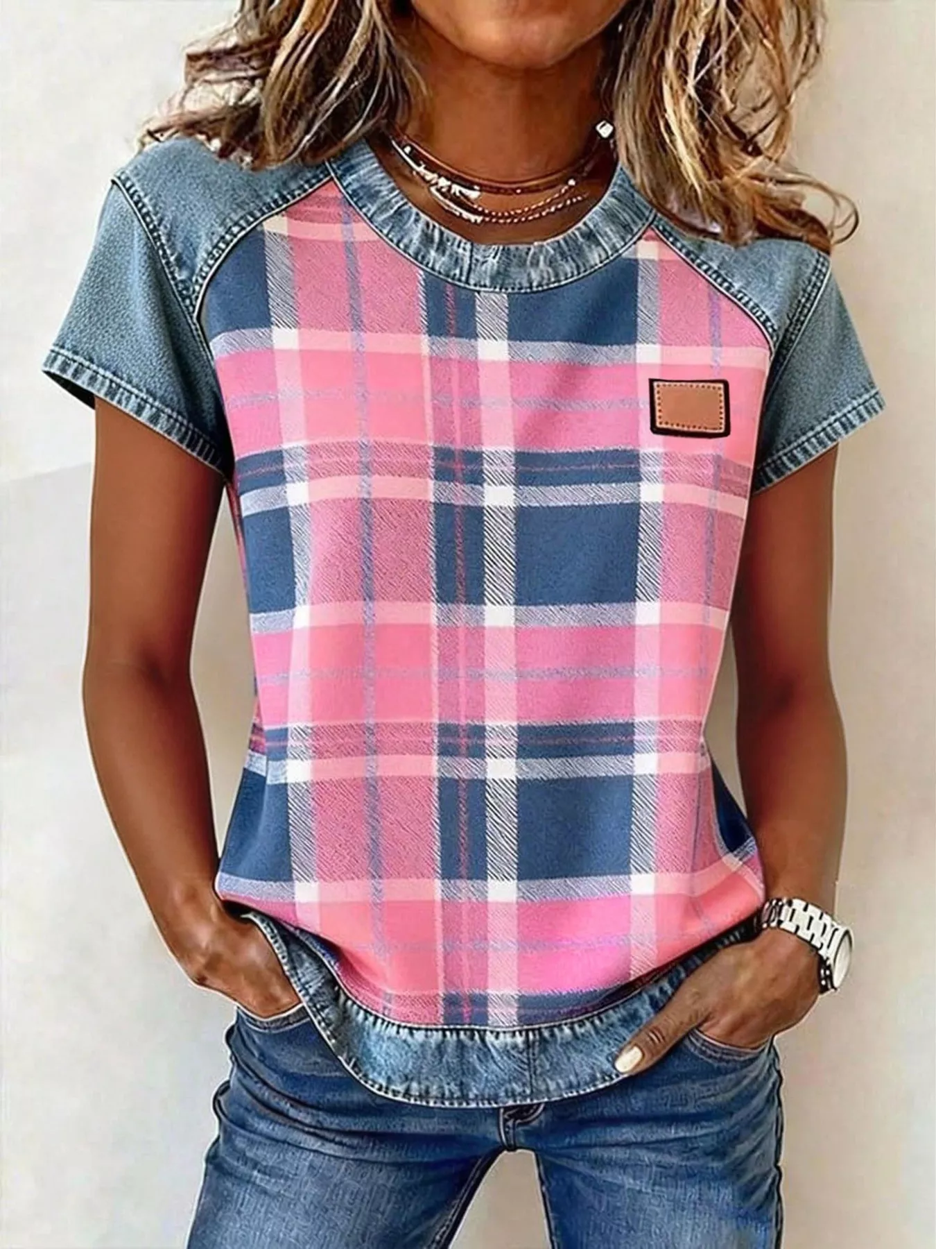 Denim Patchwork Short Sleeve Blouse - Image 5