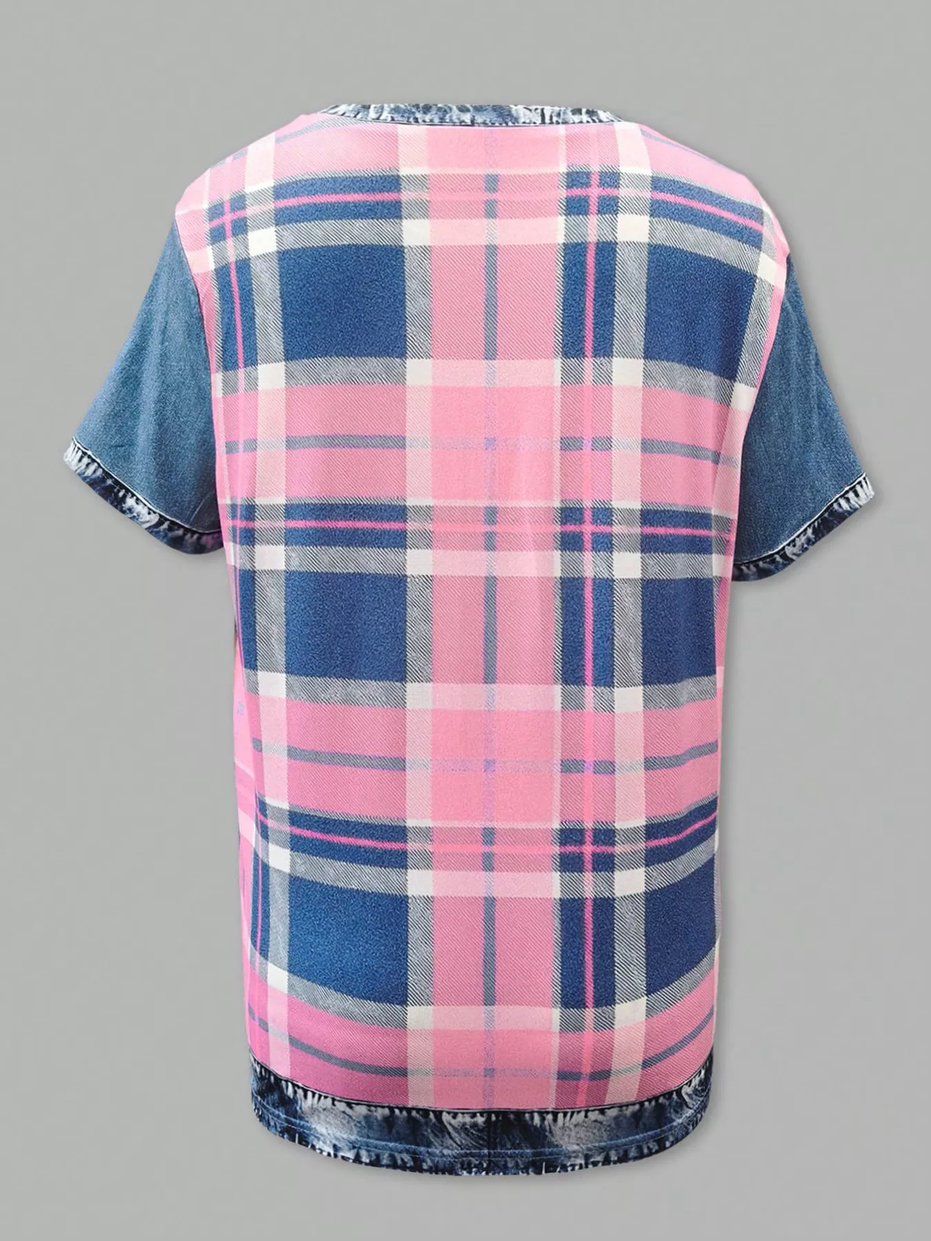 Denim Patchwork Short Sleeve Blouse - Image 6