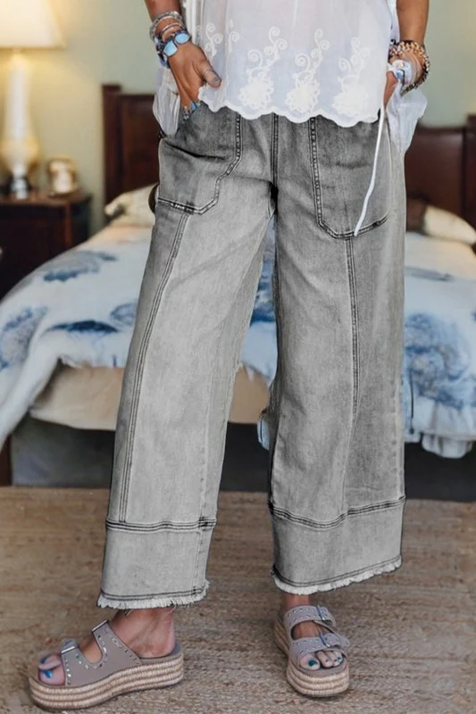 Denim Raw Hem Drawstring Wide Leg Pants - Image 13