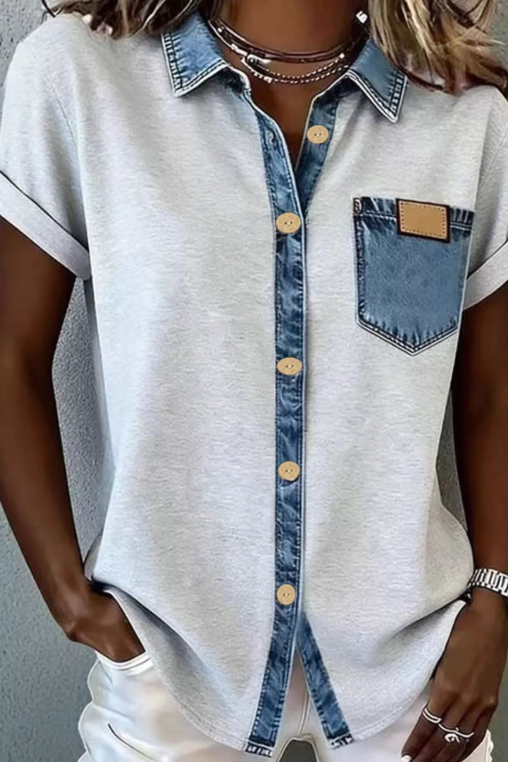 Denim Trim Button-Down Shirt - Image 2